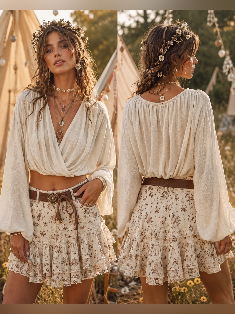 Textured Ivory White Boho Cottagecore wrap-Front Blouse Balloon Sleeves Large